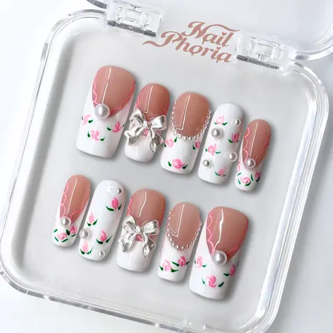 NailPhoria SOFT SPOKEN - Valentine Handmade Press-On Nails | Reusable, Salon-Quality, Long-Lasting, Glossy Design