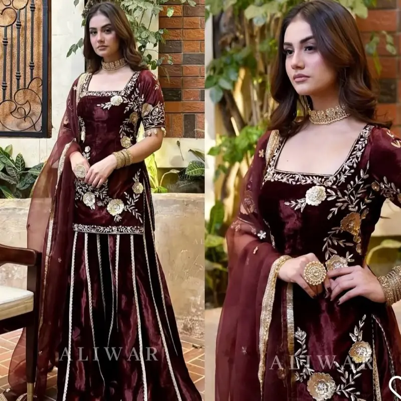 Women's Elegant Velvet Suit, Dark Red 2-Piece Original Winter Clothes, Ready to Wear Set with Embroidered Details, Female Suit, Burgundy Suit