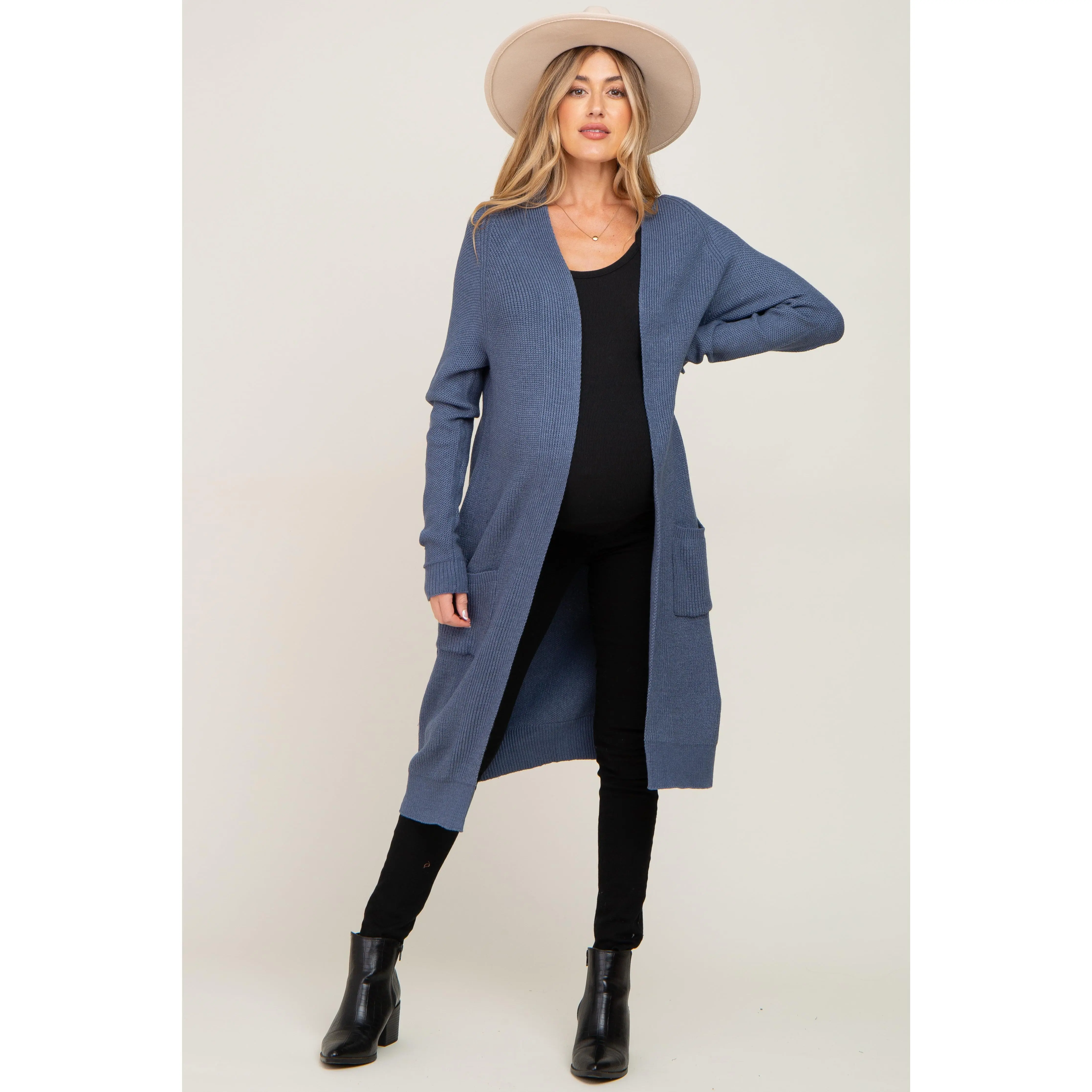 Blue Open Front Long Maternity Cardigan, Casual Fit Maternity