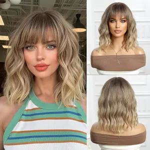 Stylish Blonde Ombre Wig with Bangs for Women - 12inch Medium Length Wavy Hair - Natural Look - Perfect for Everyday Wear