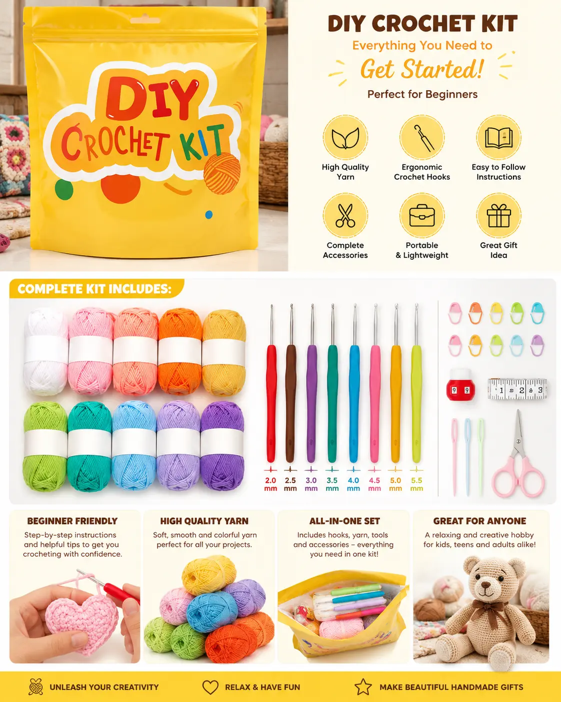 Beginner Crochet Kit | All-in-One Crochet Set with Yarn & Tools | Learn to Crochet Today