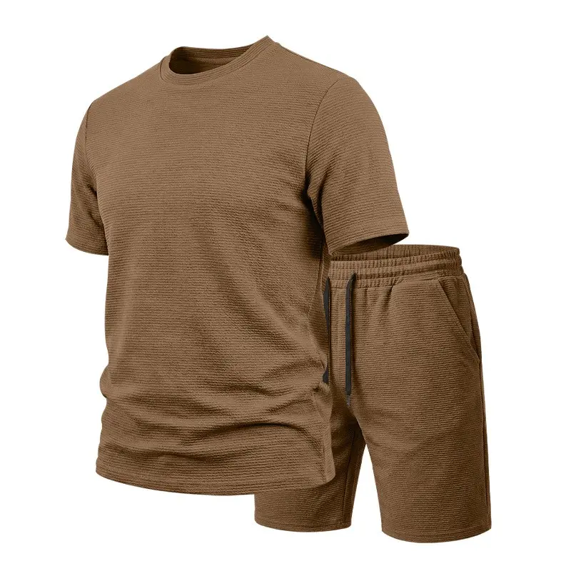 Men’s American Style Textured Stretch T-Shirt and Shorts Set, Casual Crew Neck Short Sleeve Two-Piece Outfit, Lightweight Breathable Relaxed Fit Summer Sportswear for Travel, Beach, Streetwear, Daily Wear and Comfortable Loungewear