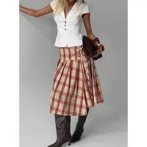 Norie Wrap Pleat Midi Skirt Red Plaid