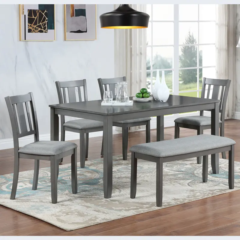 6 Piece Kitchen Dining Set, Rectangular Wooden Dining Table with 4 Upholstered Chairs and a Bench, Dining Table Set for 6 People, Living Room, Home Bar and Kitchen, Gray wayfair  chairs