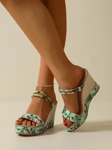 Women's Floral Print Wedge Sandals, Cross Strap Anklet, Dual Buckle, Open Toe, Boho Style, Casual/beach/dating Shoes