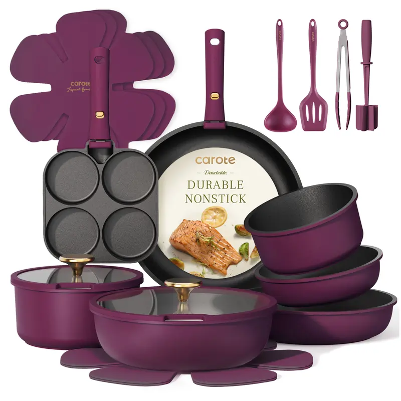 [Official] CAROTE 21-Piece Nonstick Cookware Set with Detachable Handles, Induction-Compatible Pots and Pans Set, Dishwasher Safe, Perfect for RV Use, in Elegant Gold and Purple
