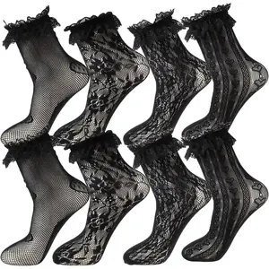4 Pairs Black Lace Socks Lace Ruffle Socks Cute Lolita Sock Mesh Laces Sock for Women Ankle Ruffle （Jacquard/Big Heart/Sunflower/Small Heart）