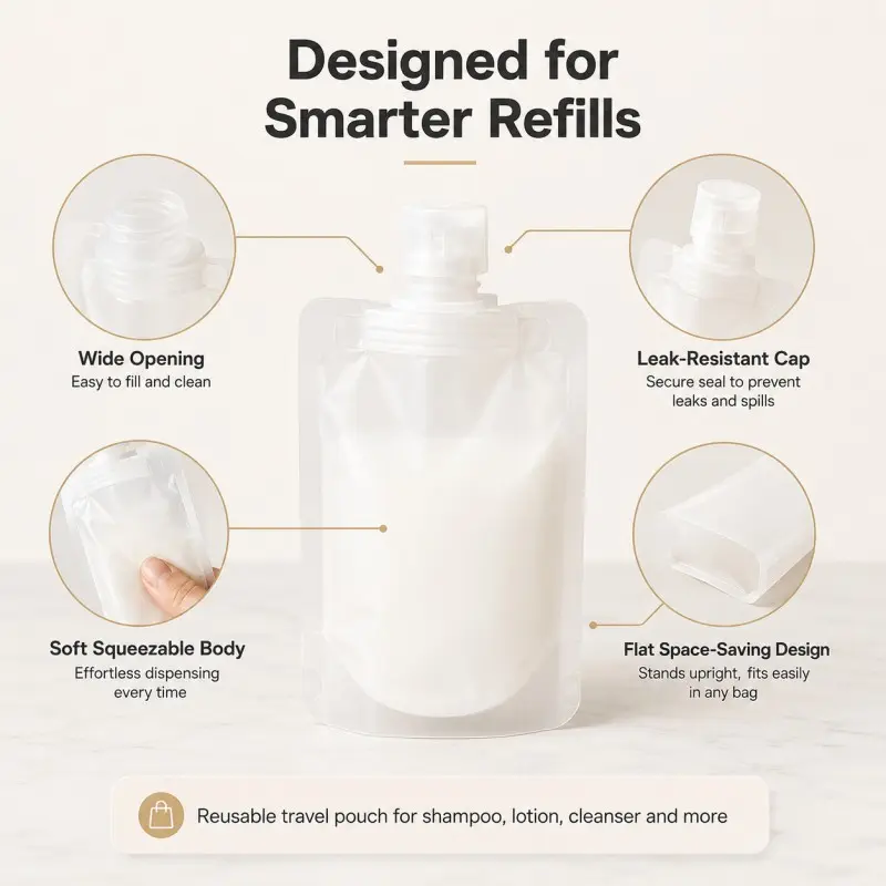 3-piece set of travel refillable flat sachets, suitable for shampoo, liquid lotion and cosmetic dispensers, available in 1.01oz, 1.69oz and 3.38oz sizes, Makeup Container (Model: DM504)