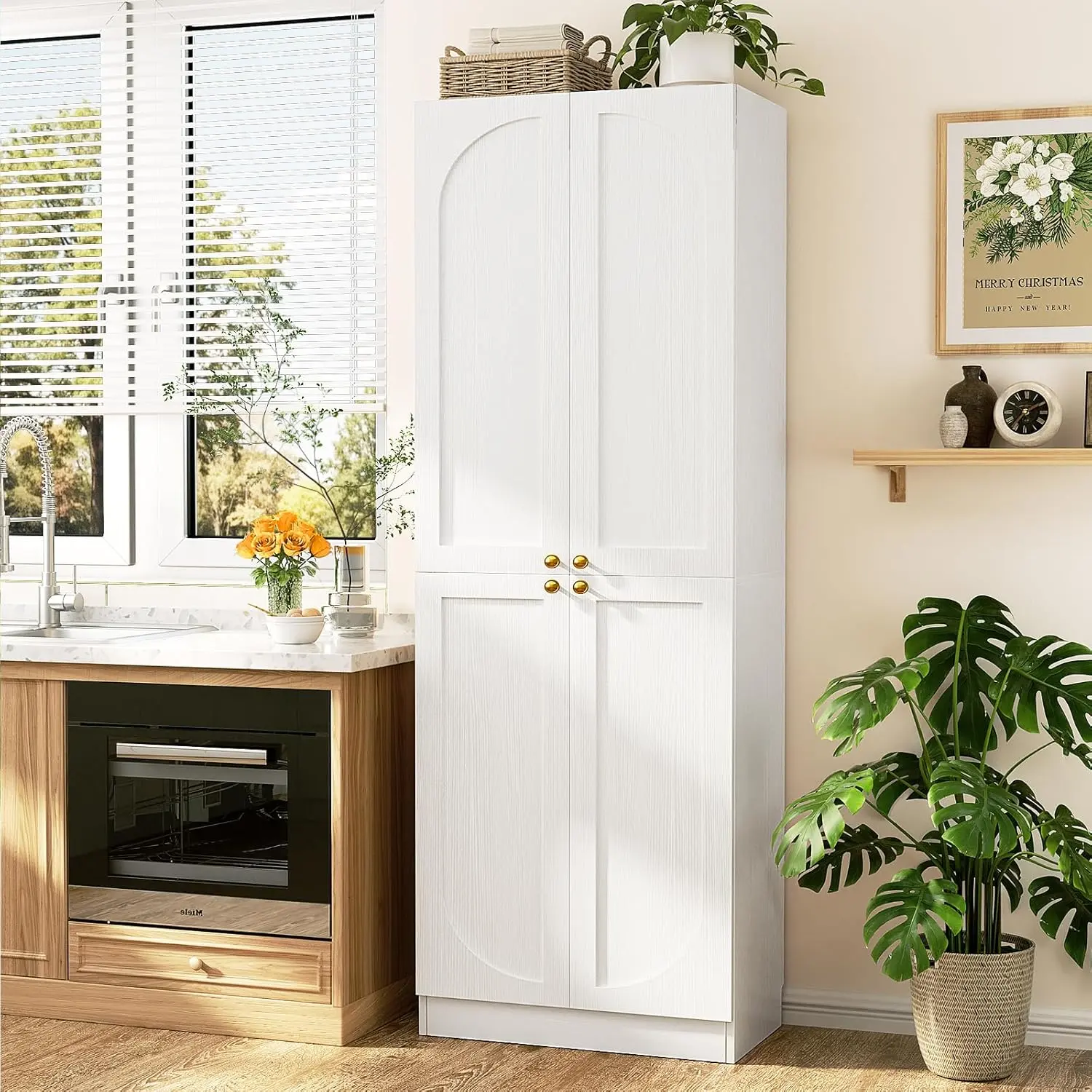 80-in Tall Wood Arch Pantry Cabinet - Modern Farmhouse Style Single Unit with 4 Soft-Close Doors, Adjustable Shelves, Flush-to-Wall Design, Flush Base, Anti-tip Safety for Kitchen Organization, Spice Organization, Kitchen Inspo