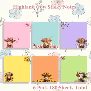 6-Pack Highland Cow Sticky Notes Set, Scottish Cow Design with Floral Patterns, Perfect for Office School Home Use, Great Gift for Students Teachers