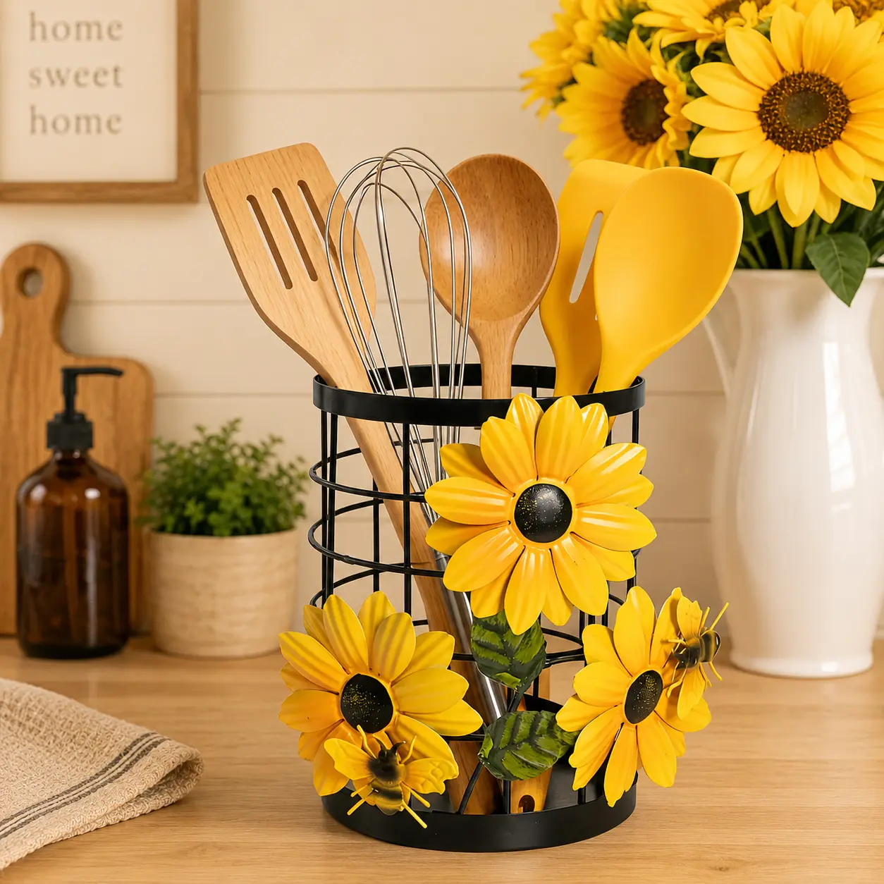 Metal Wire Flatware Storage Basket - 6" Diameter Compact Varnished Iron Kitchen Countertop Organizer, Home Storage Solution, Housewarming Gift
