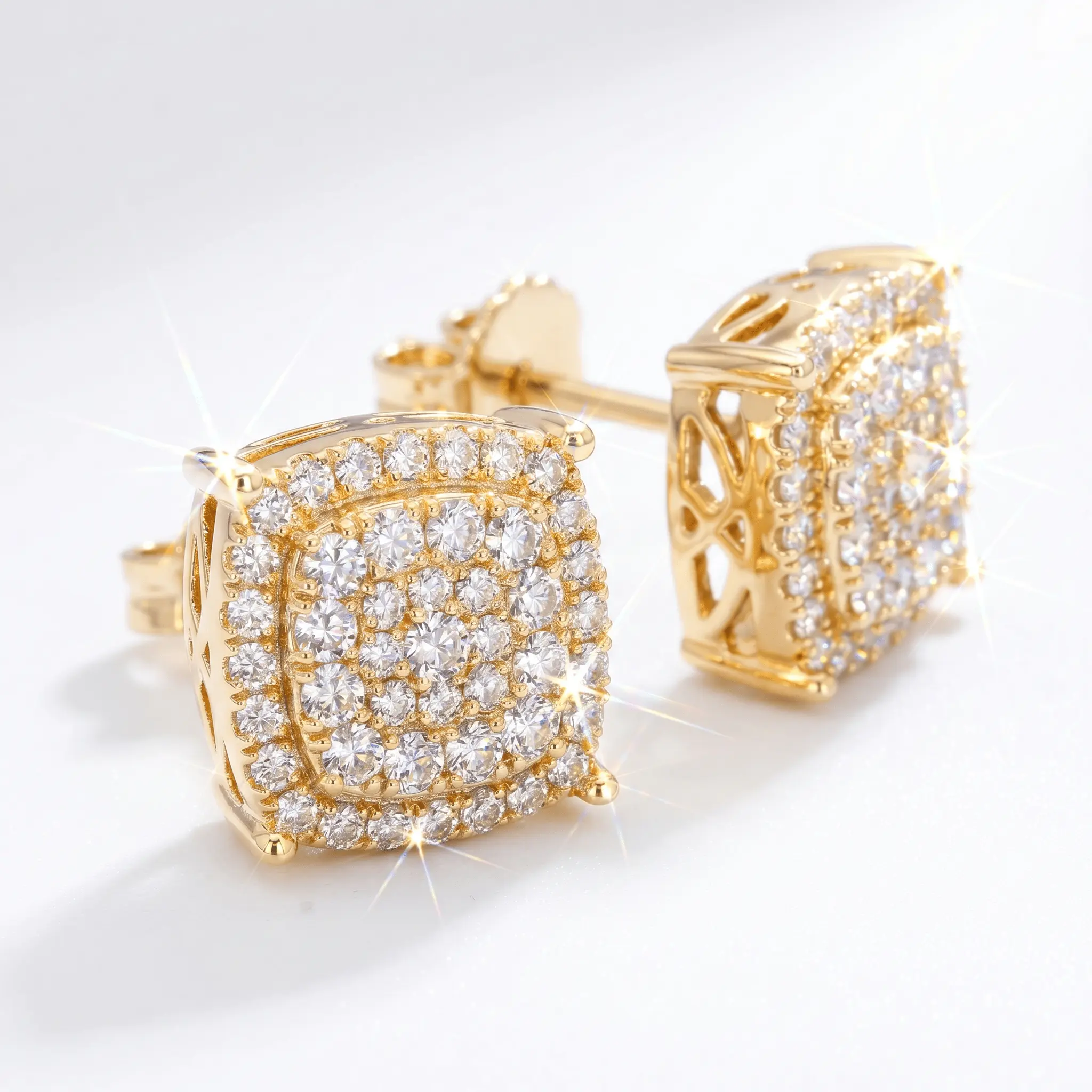 Unisex Iced Out Square Halo Stud Earrings - AAAAA CZ Sparkling Gold Tone Hip Hop Bling, Men's Jewelry, Alternative Streetwear & Casual Style Earrings, Ideal Gift for Birthday & Valentine's Day