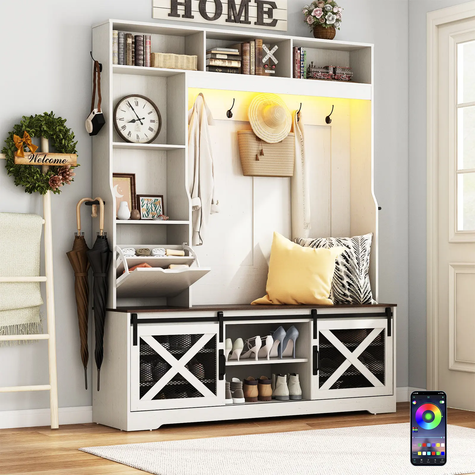 75'' LED Farmhouse Hall Tree with Sliding Barn Doors, Hall Tree with Storage Bench, Drawer, Coat Hanger, 12 Shoe Cubbies/16 Shoe Cubbies & Umbrella Holder, Hallway Entryway Bench, Rustic （White/Black）