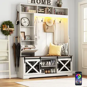 75'' LED Farmhouse Hall Tree with Sliding Barn Doors, Hall Tree with Storage Bench, Drawer, Coat Hanger, 12 Shoe Cubbies/16 Shoe Cubbies & Umbrella Holder, Hallway Entryway Bench, Rustic （White/Black）