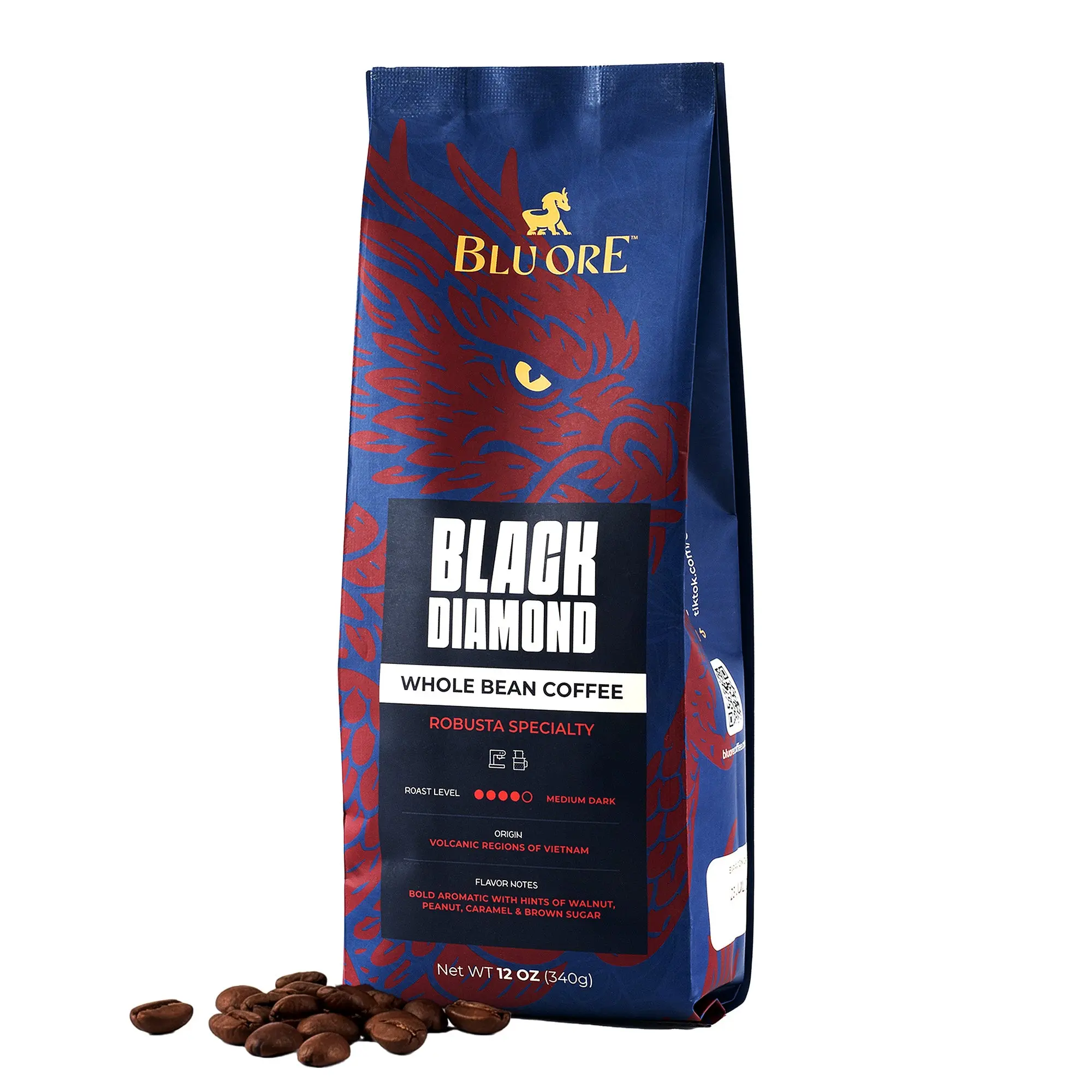Blu Ore Black Diamond Robusta Specialty Coffee Beans - Single Origin Vietnamese Whole Bean Coffee, Bold Aromatic Espresso Beans with Hints of Walnut, Peanut, Caramel & Brown Sugar, High Caffeine. Medium Dark Roast