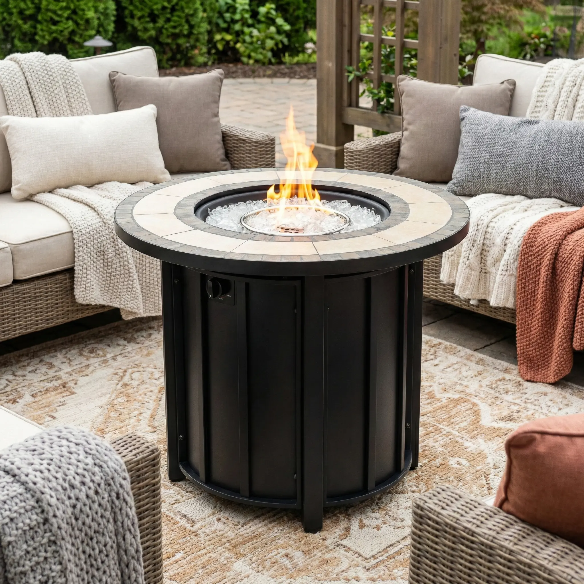 Round 30-Inch Propane Fire Pit Table with Mosaic Tile Top, 50,000 BTU Steel Outdoor Heater for Patio, Deck, Garden, Backyard – Black