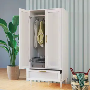 60" Height Freestanding Wood ClosetSystem with 2 Doors and 1 Drawer,Hanging Rods,Gold Handles,For Bedroom ,Closet,Living Room White,Black Modern Armoire Wardrobe Wardrobe Organizer