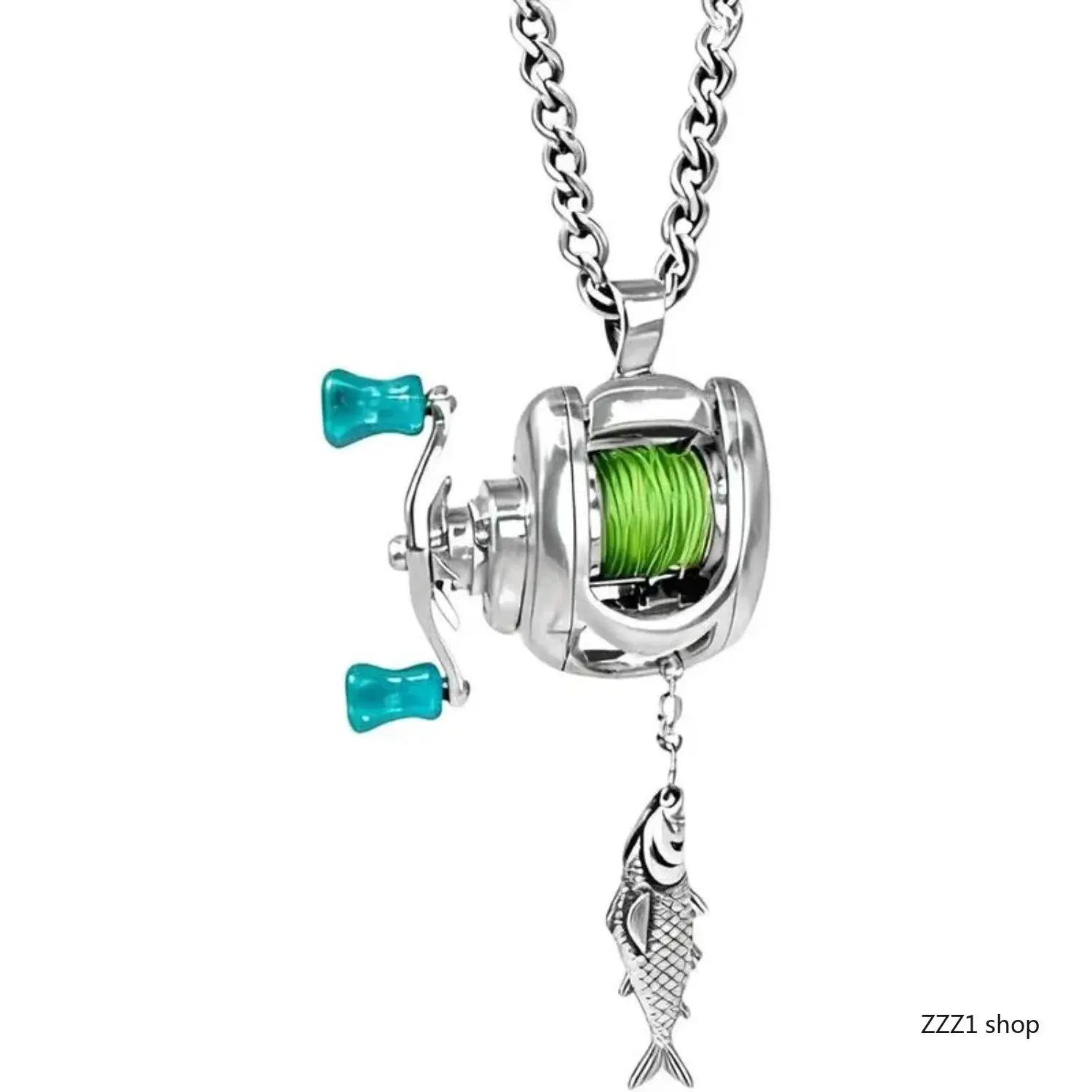 Unisex Functional Rotating Reel Necklace - Fishing Reel Pendant with Dynamic Line Guide, Interactive Motion Mechanism, Micro-Scale Precision, Goth Punk Aesthetic, Smooth Rotating Handle - Father's Day Gift for Fishermen