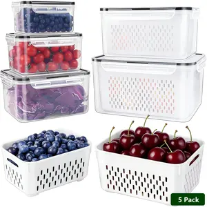 5 Pack Fridge Organizers and Storage Fruit Containers Set (5 Colanders & 5 Storage box) Airtight Food Storage Containers  with Remouvable Colander Dishwasher Safe  Produce Saver for Refrigerator Keep Fruit Vegetable Meal Fresh Long
