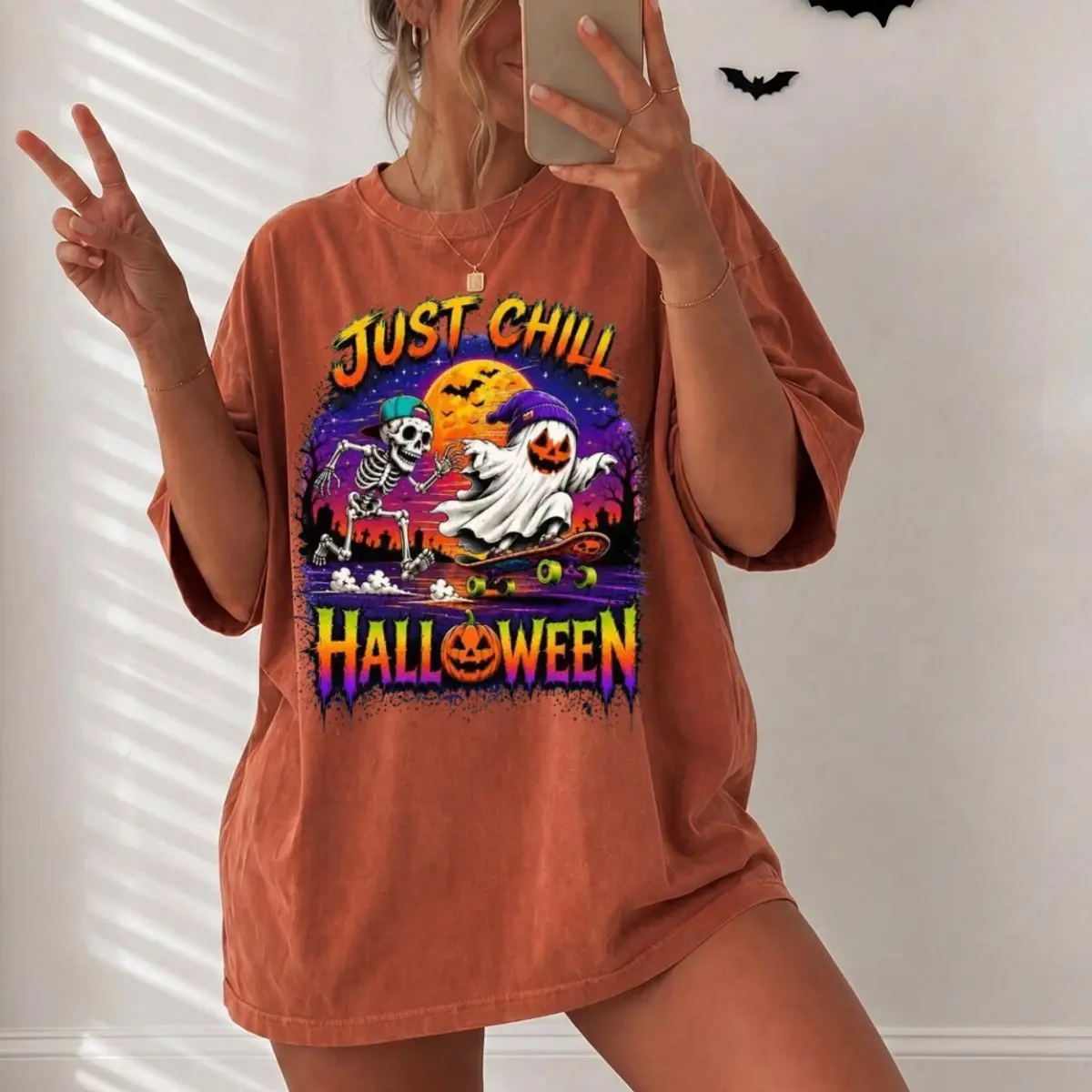 Comfort Colors Just Chill Halloween Shirt | Ghost Skeleton Skateboarding Graphic Tee | Spooky Pumpkin T Shirt | Halloween Lover Gift, Unisex Fitted Short Sleeve Tee, Classic Streetwear