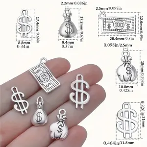 [50pcs Antique Pendant] 50pcs Antique Silvery Dollar Sign Money Bag Pendant | Unique Style Suitable For DIY Bracelet Necklace Jewelry Making Handmade Decoration, 5 Styles