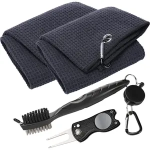 4pcs/set Golf Towel and Brush Set, Towels for Bags, Club Cleaning Set with Ball Marker Black Microfiber ,Divot Tool Brush for Men, Accessories Kit