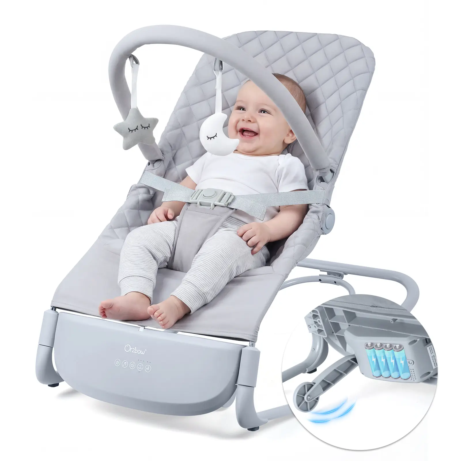 Orzbow Electric Baby Rocker, Infant Soothing Seat with Music, Auto Rocking Motion, Star & Moon Toy Bar, 3-Point Safety Harness