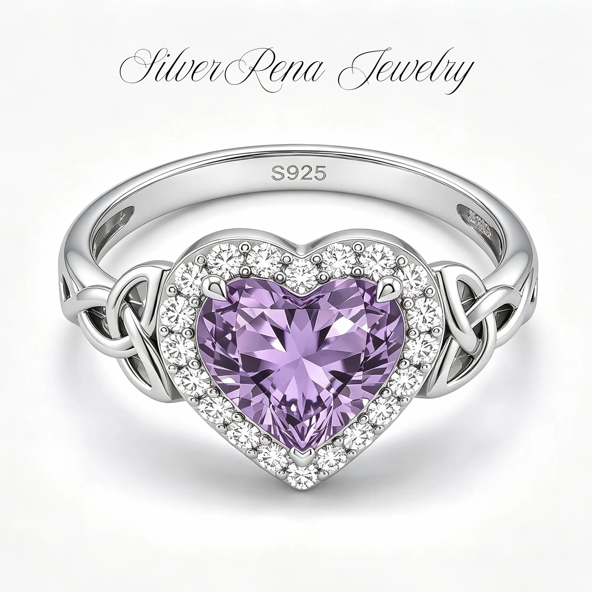 925 Sterling Silver Heart Amethyst Ring, Celtic Trinity Knot Band, Heart Cut Amethyst with CZ Halo, Hypoallergenic Promise Ring, Witchy Love & Protection Amulet, Purple Crystal Statement Jewelry for Women, Engagement & Valentine's Day Gift
