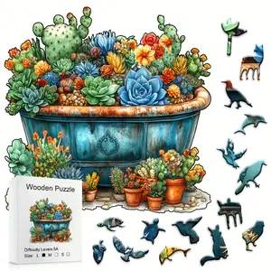 501 Succulent Cactus Wooden Box Jigsaw Puzzle, Handmade DIY Holiday Gift, Suitable for Home, Living Room, Office, Beginners, Wooden Puzzles