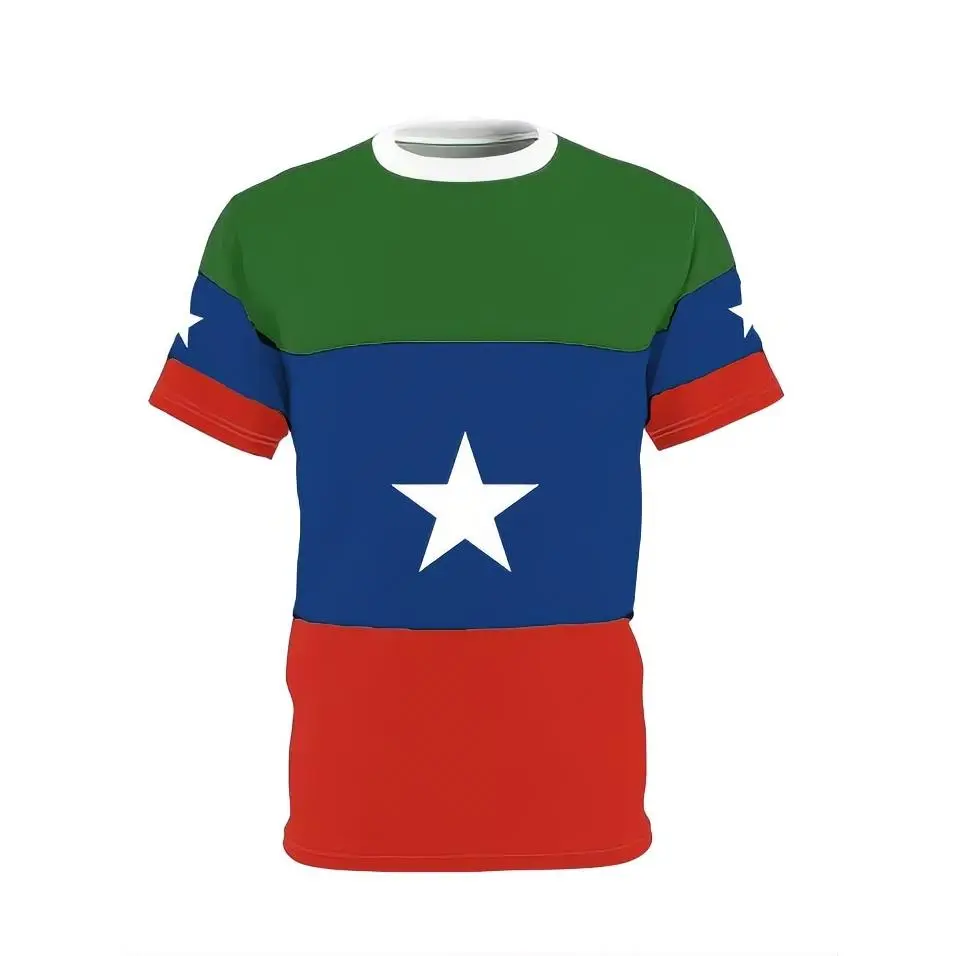 Ogadenia Flag Tshirt - Colorblock Design with White Star, Green, Blue, and Red Accents, Short Sleeve, Crew Neck, Casual Style