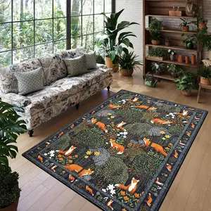 Fox & Flower Pattern Rug, 1 Count Non-slip Soft Floor Mat, Decorative Carpet for Home Living Room Bedroom, Vanity Decor Accessories, Floral Area Rug, Floral Washable Rug, Floral Print Rug