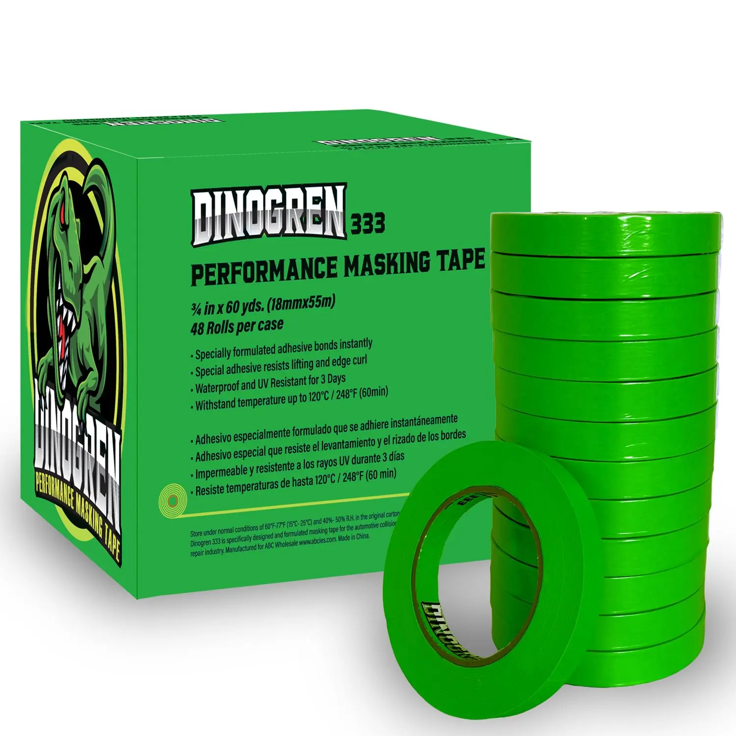 Lauco DINOGREN 333 High-Performance Crepe Paper Adhesive Tape - Water-Resistant, Clean Removal No Residue, 0.75in x 60yd, 48 Rolls for Automotive Refinish Masking, Window Trim, Body Shops, DIY Enthusiasts, Restoration Experts