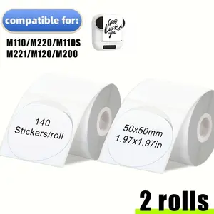 Round label paper set, compatible with M100/M110/M220/M200/B1 label printing paper, 50x50mm/40x40mm/30x30mm, white 2 rolls, suitable for multiple sold printers, capable of printing barcodes, QR codes, and gift seals