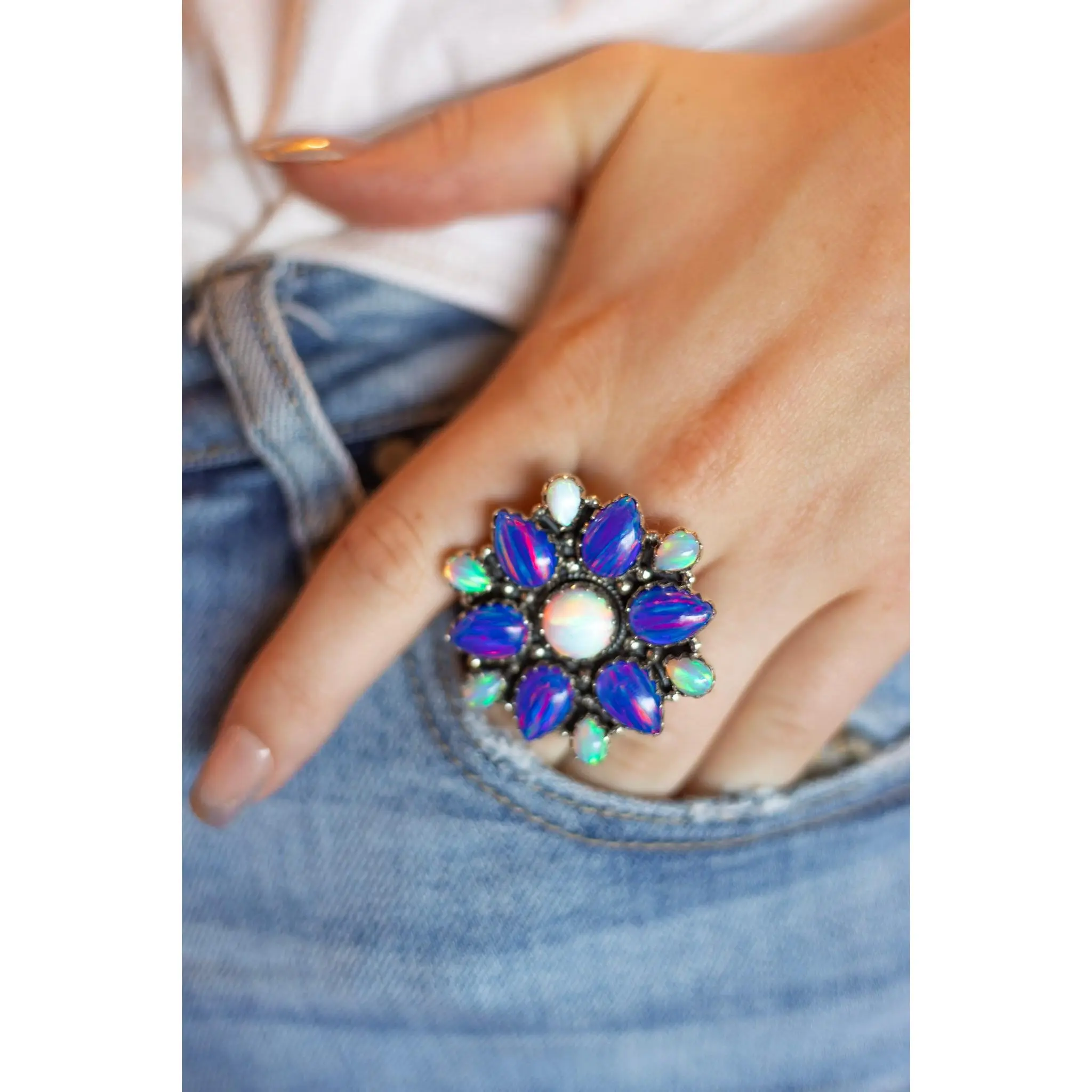 Electric Bello Opal  Blue & Iridescent Opal Statement Ring
