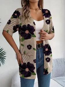 Spring/Summer women's diagonal hollow-out knit cardigan, vacation bohemian Casual style with contrast color floral print, short sleeve, buttonless open front, versatile outerwear for vests, beach cover-up, Knitwear