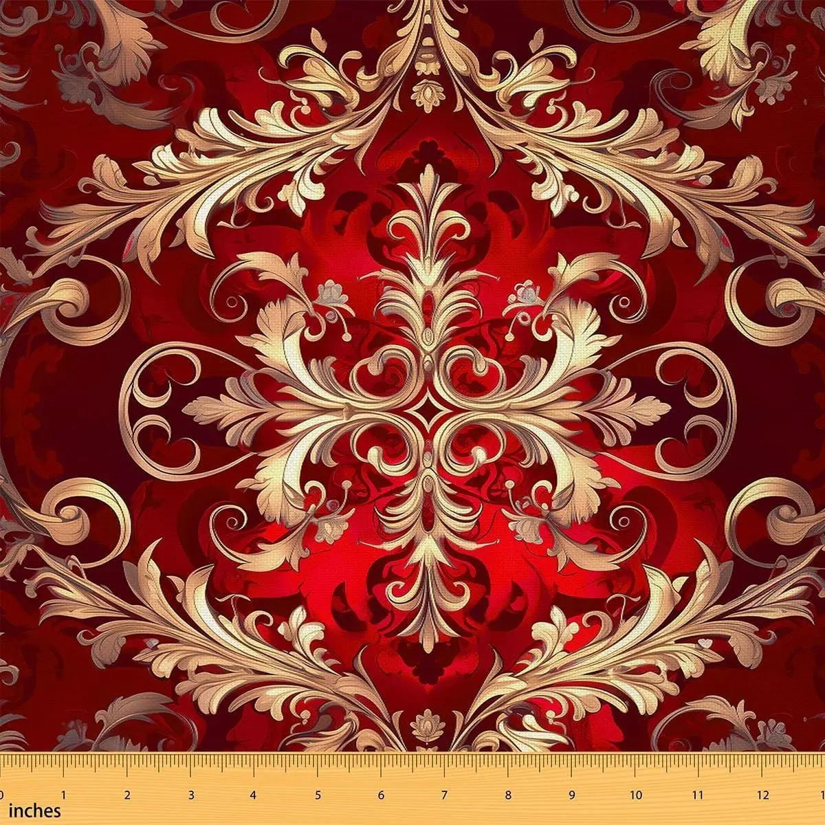 Red Damask Flannel Fabric,Bohemian Vintage Florals Upholstery,Aztec Indoor Not Stretchy Decorative Fabric,Elegant Golden Red