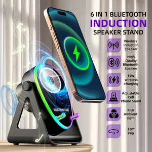 Wireless Induction Speaker 6-in-1 Bluetooth Speaker & Phone Stand with Colorful Lights, 360° Rotating, Compatible with iPhone/Android/iPad/Samsung – Unique Birthday Gift for Men & Women