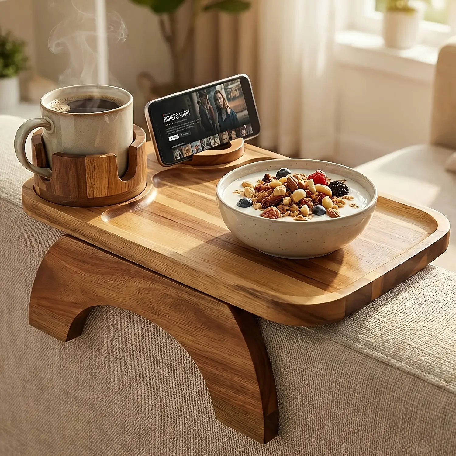 Acacia Wood Sofa Armrest Table - 3-in-1 Clip-On Tray with Stable Surface, Cup Holder, 360°Rotatable Phone Holder for Sofa Snacking, TV Watching