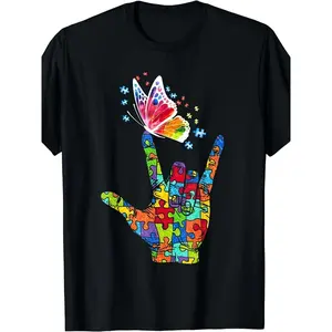 Men's Soft Short-Sleeve Layer Top, I Love You Hand Sign Language Butterfly Autism Awareness T-Shirt
