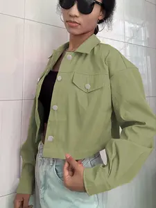Women's Green Solid Button Front Drop Shoulder Crop Jacket Fitted Collared Coat for Fall Winter Casual Basic Long Sleeve Daily Wear Minimalist Style Outerwear Tops