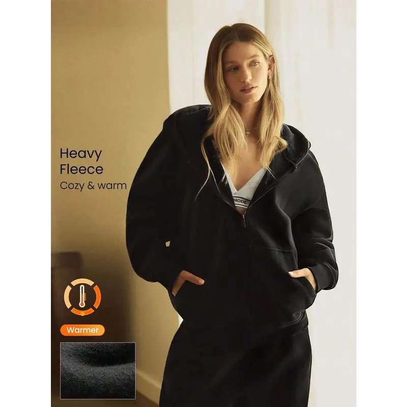 Hevyweight Fleece Oversized Hoodie Jacket Side Pocket Thick Thermal Warm Winter Casual Long Sleeve