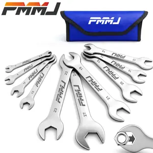 PMMJ 10pcs Super Thin Open End Wrench Set, Metric 5.5-27mm, 3mm Slim Profile Thin Wrenches, Stainless Steel Flat Wrench Set with Rolling Pouch, Ultra Slim for Narrow & Tight Spaces, Automotive, HVAC, Motorcycle & Home Repair