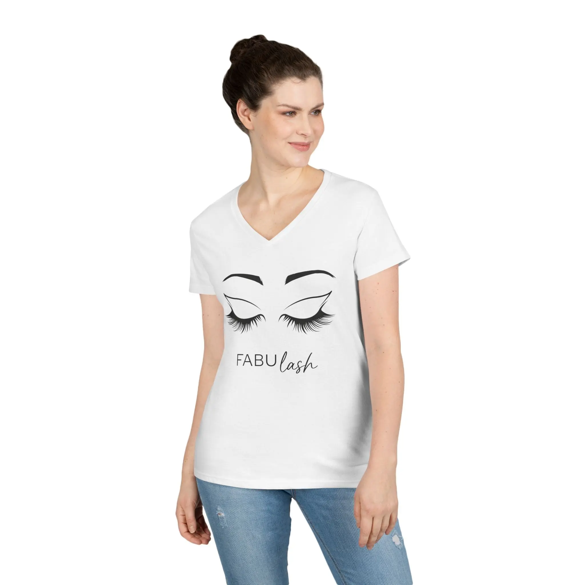 Women's V-Neck Fabulash Tee, Womenswear Top with Eyelash Beauty Graphic