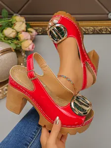 Women's Glossy Metal Buckle Thick Sole Waterproof Casual Trendy Buckle Heeled Sandals, Summer Outdoor High Heel Platform Shoes, Casual PU Leather Footwear