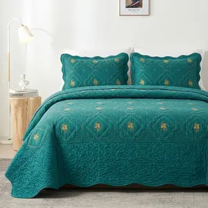 2/3 Pcs Embroidered Quilted Bedspread Set Reversible Microfiber Coverlet Color Block Lightweight All Season Machine Washable Holiday Gift For Family & Friend Local Warehouse Twin Queen King Cal King