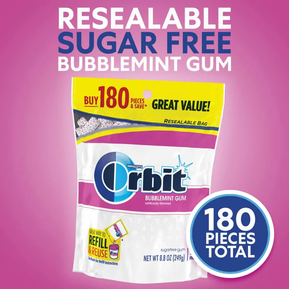 Orbit Gum Sugar-Free Bubblemint Bubblegum Mint, 180-Piece Resealable Bulk Snack Bag, Low-Sugar Vegetarian Ambient Chewing Gum, Ideal for Gift Stocking Stuffers