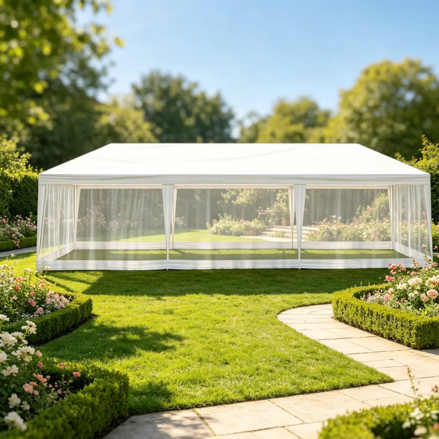 Outdoor Party Tent with Screen, 10x20/30ft Canopy Shelter with Netting Side Walls, for Event Yard Patio BBQ Picnic Parties