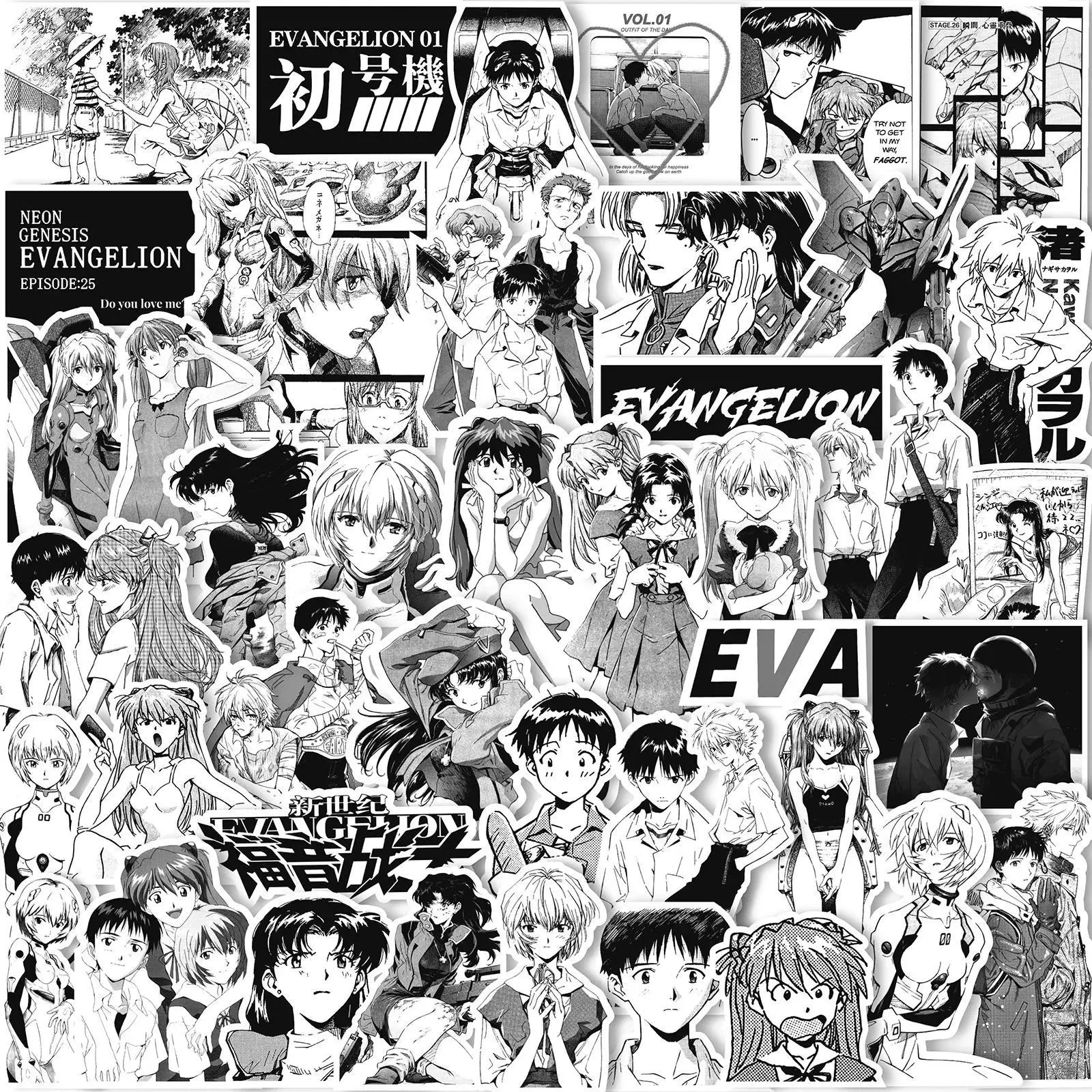 70/75/145PCS Classic Neon Genesis Evangelion Black and White Sketch Stickers, Anime Decals for Notebook, Skateboard (Toys & Hobbies Model & Toy Vehicles Accessory), 70Pcs