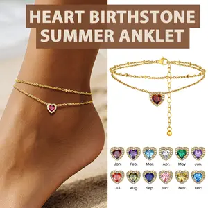 FindChic Heart Birthstone Anklets Two-layered Bling Sparkling Ankle Bracelet Summer Beach Footwear Birthday Gift Jewelry for Women Girls