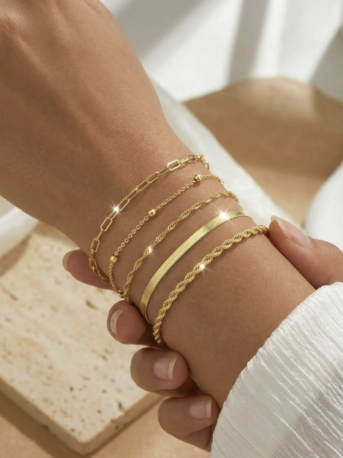 Women's gold bracelet, waterproof gold/silver-plated stackable bracelet set, no fading, gold jewelry, multi-layered figaro bead paper clip chain, trendy stack bangle, gift for women, Trendy jewellery accessories, Bracelets Jewelry